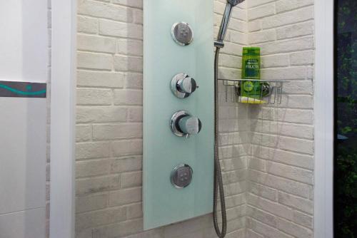 eine Dusche mit grünem Duschkopf im Bad in der Unterkunft Jardin Cardona in Arucas