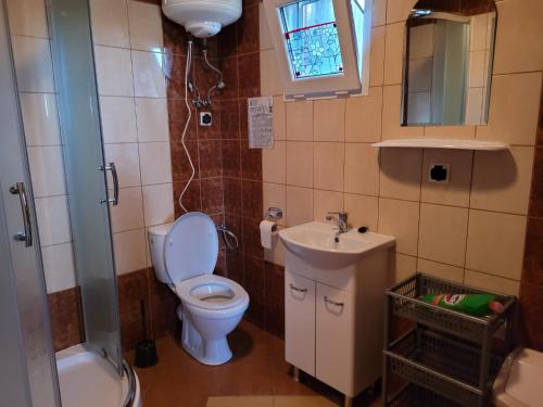y baño con aseo, lavabo y ducha. en Domek letniskowy nad jeziorem w Gołdapi, Wczasowa72, en Gołdap