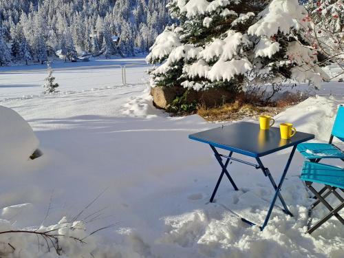 a blue table and two chairs in the snow at Apartment Alpes et Lac 2 by Interhome in Champex