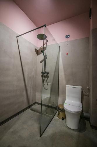 a bathroom with a toilet and a shower at Pensiunea Casa Buna in Gîrbova