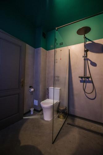a bathroom with a toilet and a glass shower stall at Pensiunea Casa Buna in Gîrbova
