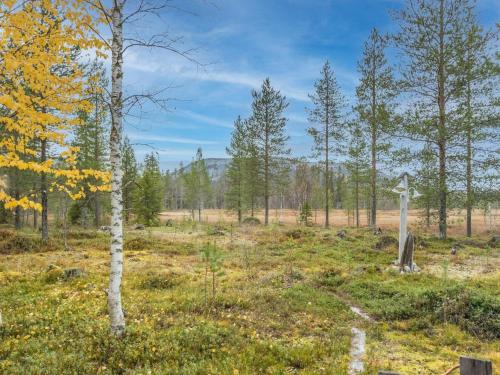 una señal en un campo con árboles en el fondo en Holiday Home Puukenkä by Interhome, en Pyhätunturi