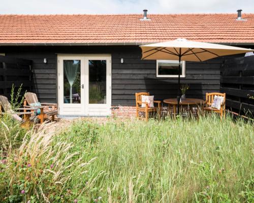 a house with a table and chairs and an umbrella at In de 7e Hemel in Grashoek