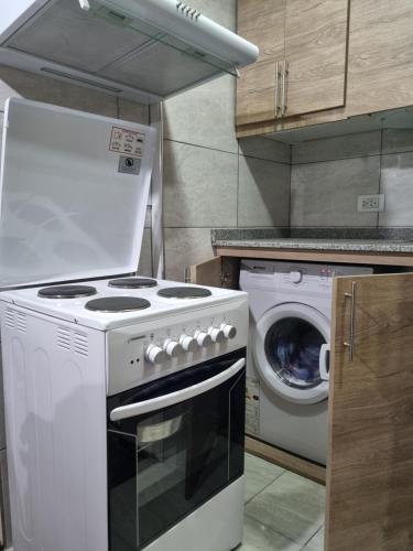 a kitchen with a stove and a washing machine at Cėntrico PARQUE CÍVICO in Mendoza