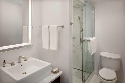 莫里斯敦的住宿－莫里斯敦凱悅酒店，一间带水槽和玻璃淋浴的浴室