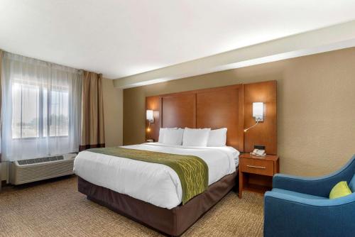una habitación de hotel con una cama grande y una silla azul en Comfort Inn & Suites - near Robins Air Force Base Main Gate en Warner Robins