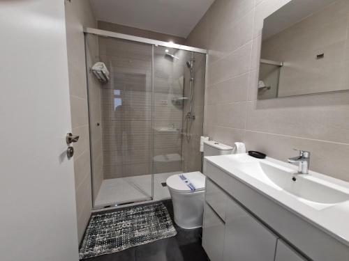 a bathroom with a shower and a toilet and a sink at Malasaña Dreams S,L in Madrid
