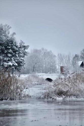 a snow covered river with a bridge and trees at Smėlėtas krantas in Svenele