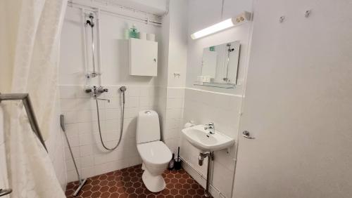 a bathroom with a toilet and a sink and a shower at Kotka Orange Apartments Tapuli in Kotka