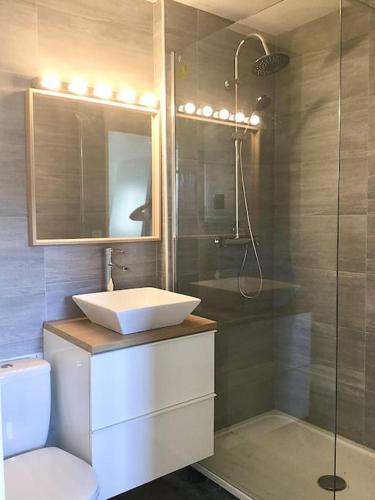 une salle de bain avec un lavabo et une douche dans l'établissement Cabourg-La mer à vos pieds et la thalasso à 50 m, à Cabourg