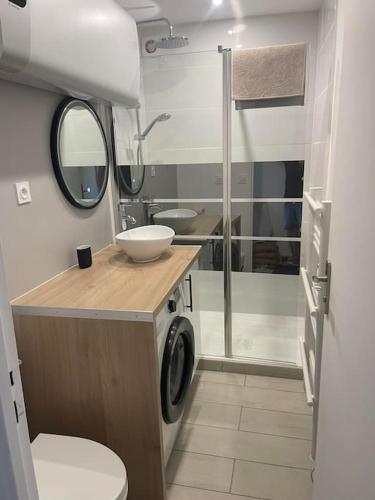 une salle de bain avec un lavabo et une machine à laver dans l'établissement T1 Neuf Balcon 700 m de la mer Parking Wifi Draps, à Six-Fours-les-Plages