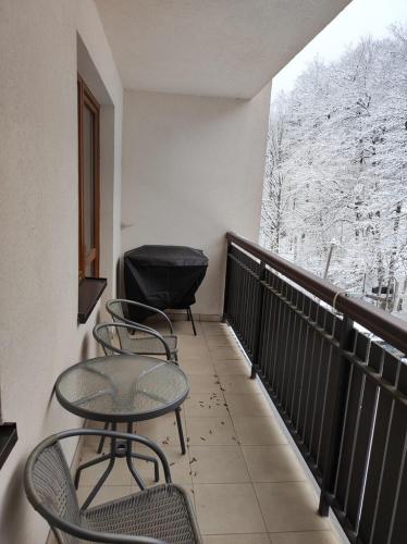 a balcony with two chairs and a trash can at Ski Apartmán Sajmon so saunou in Makov