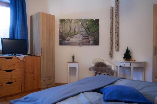 a bedroom with a bed and a television in it at Appartement Heidi by Schladmingurlaub in Ramsau am Dachstein