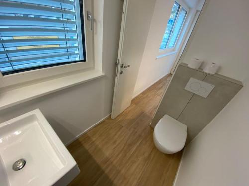 a bathroom with a sink and a toilet and a window at Via hofer in Brunico