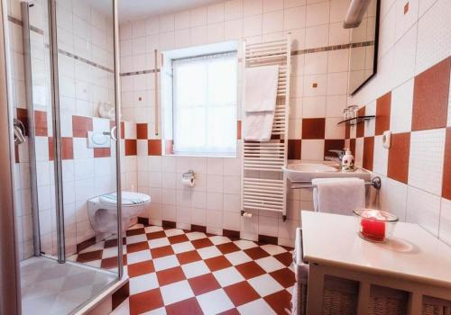a bathroom with a toilet and a sink and a shower at Pension Sankt Urban in Sommerach