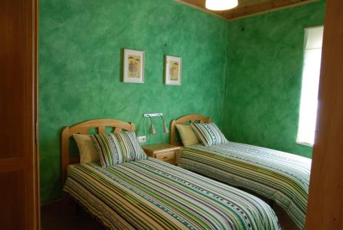two beds in a bedroom with green walls at La formigana in Soto y Amío