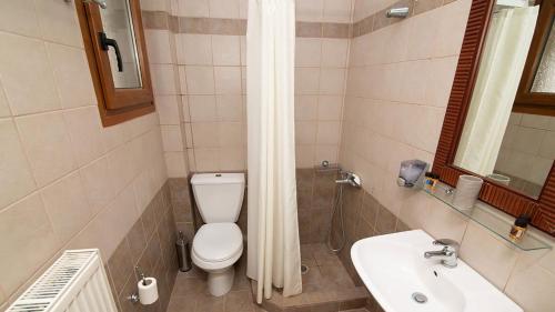 łazienka z toaletą i umywalką w obiekcie Ξενώνας Μενελαΐς - Menelais Apartments w mieście Thrapsímion
