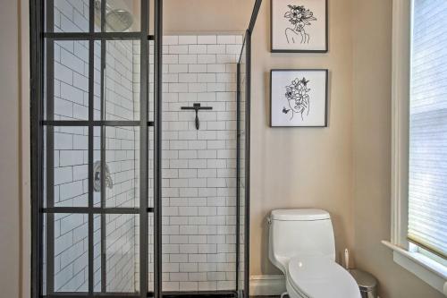 a bathroom with a shower with a toilet at Pet-Friendly Millerton Home, Walk to Downtown in Millerton