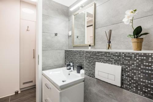 a bathroom with a sink and a mirror at Central Sphere Apartment in Budapest
