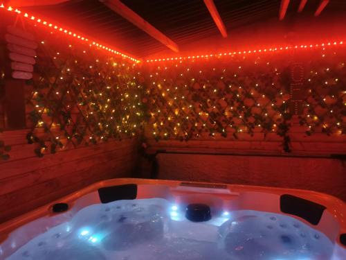a bath tub in a room with lights on the wall at Loft d'amour in Ligné