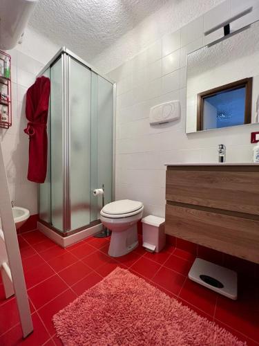 a bathroom with a toilet and a glass shower at Gin Sole Apartment in Artogne