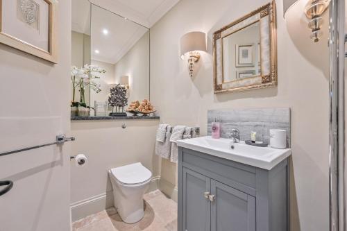 W łazience znajduje się umywalka, toaleta i lustro. w obiekcie Luxury Townhouse for two close to Restaurants and Bars and minutes from Dartmoor w mieście Whitechurch