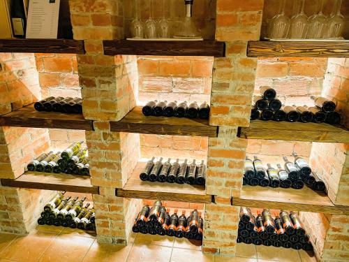 a wall of wine bottles in a wine cellar at Seisen Almchalet in Murau