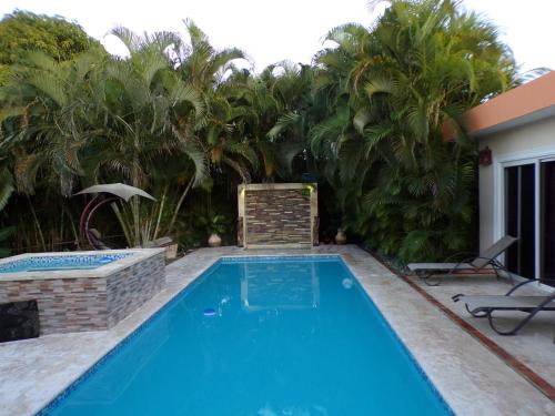 a swimming pool in a yard with palm trees at Casa Linda beautiful Villa in Sosúa