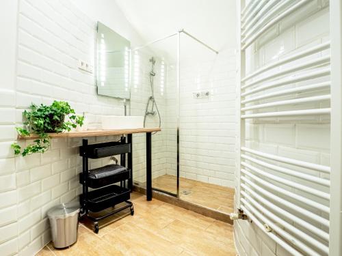 ein Badezimmer mit einem Waschbecken und einem Waschtisch mit einem Spiegel in der Unterkunft Laura Boutique Apartment in Budapest