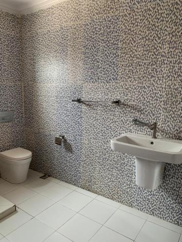 een badkamer met een wastafel en een toilet bij Modern 2BDR APT - Wi-Fi, Kitchenette, Pool & 24hrs Security, Netflix in Ikeja