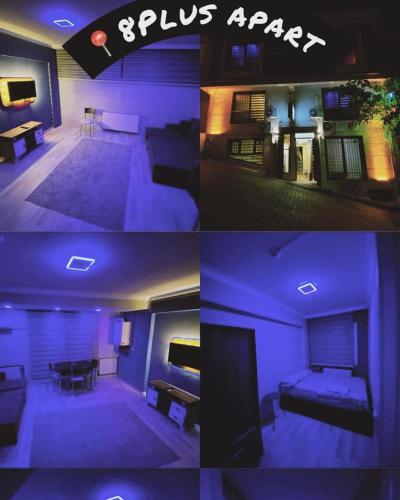 duas imagens de uma sala de estar com iluminação roxa em 8 Plus Apart em Buca