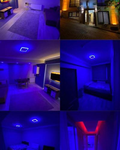 four pictures of a living room with blue and red lights at 8 Plus Apart in Buca