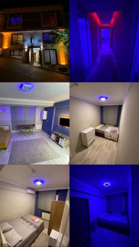 un grupo de cuatro fotos de una habitación con luces azules en 8 Plus Apart en Buca