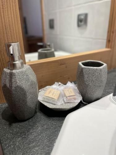 - un comptoir de salle de bains avec un distributeur de savon et un miroir dans l'établissement La Perle des Alpes C10 Apart.4* #Yolo Alp Home, à Villard-sur-Doron