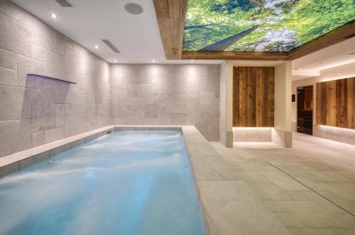 - une piscine dans une chambre dotée d'une lucarne dans l'établissement Chalet Hôtel Turquoise, à La Plagne Tarentaise