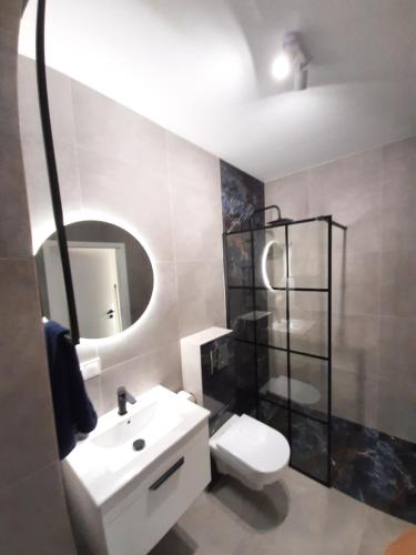 ein Badezimmer mit einem Waschbecken, einem WC und einem Spiegel in der Unterkunft DĘBOWA KUTNO in Kutno