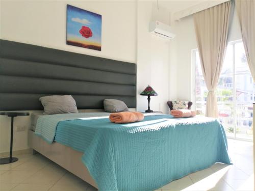 een slaapkamer met een blauw bed met 2 kussens erop bij Art Villa in Punta Cana