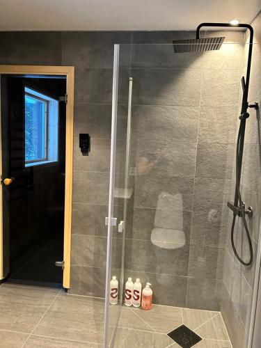 a shower with a glass door in a bathroom at Fjällstugan i Funäsdalen in Funäsdalen