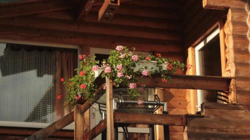 a balcony with flowers on a wooden railing at Petrovmotopunkt in Yaremche