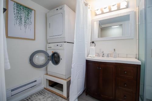 een badkamer met een wasmachine en een wastafel bij Bright private suite near Departure Bay beach in Nanaimo