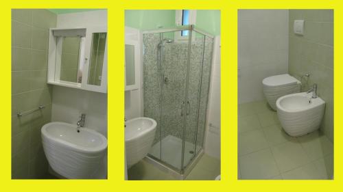 two pictures of a bathroom with two sinks and a shower at Lusso accessibile e Servizi in Lerici