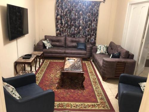 a living room with a leather couch and a rug at Ganna Misr in Cairo