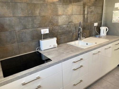 une cuisine avec un évier et un plan de travail dans l'établissement Maison de vacances avec terrasse, jardin, garage, animaux acceptés à Royan - FR-1-494-116, à Royan