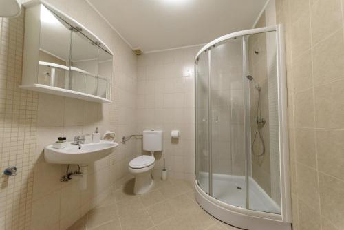 a bathroom with a shower and a toilet and a sink at Donata Apartments Zadar in Zadar
