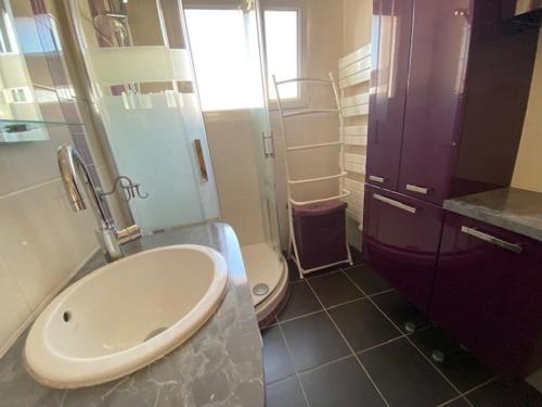 une salle de bain avec un lavabo et des toilettes dans l'établissement Appartement T3 Royan, proche de la plage, balcon, dernière étage, cuisine équipée, parking facile - FR-1-494-124, à Royan