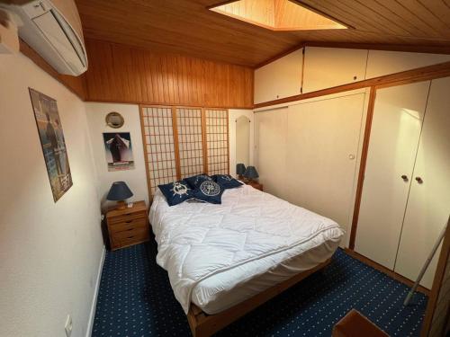 Cette petite chambre comprend un lit et un plafond en bois. dans l'établissement Villa Climatisée, 4 Couchages, Face au Lac Marin, Proche Plage et Commerces - FR-1-81-560, à Port-Leucate