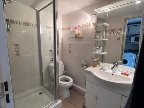 une salle de bain avec une douche, des toilettes et un lavabo dans l'établissement Villa Climatisée, 4 Couchages, Face au Lac Marin, Proche Plage et Commerces - FR-1-81-560, à Port-Leucate