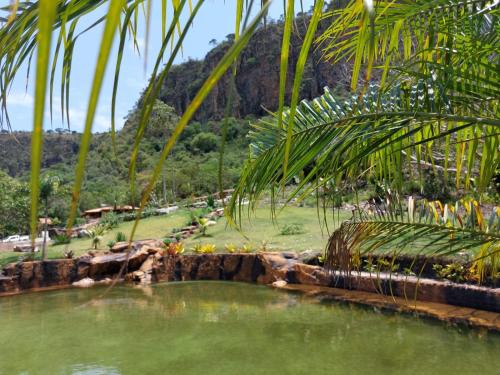 a pool of green water with a mountain in the background at Pousada Jipe Canastra in Capitólio