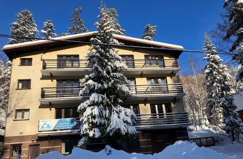 budynek z pokrytymi śniegiem drzewami przed nim w obiekcie NIEZAPOMINAJKA w Szczyrku