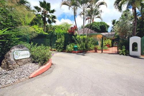 a driveway with a black gate with palm trees at Jessamine by Blue Sky Luxury in Saint Peter